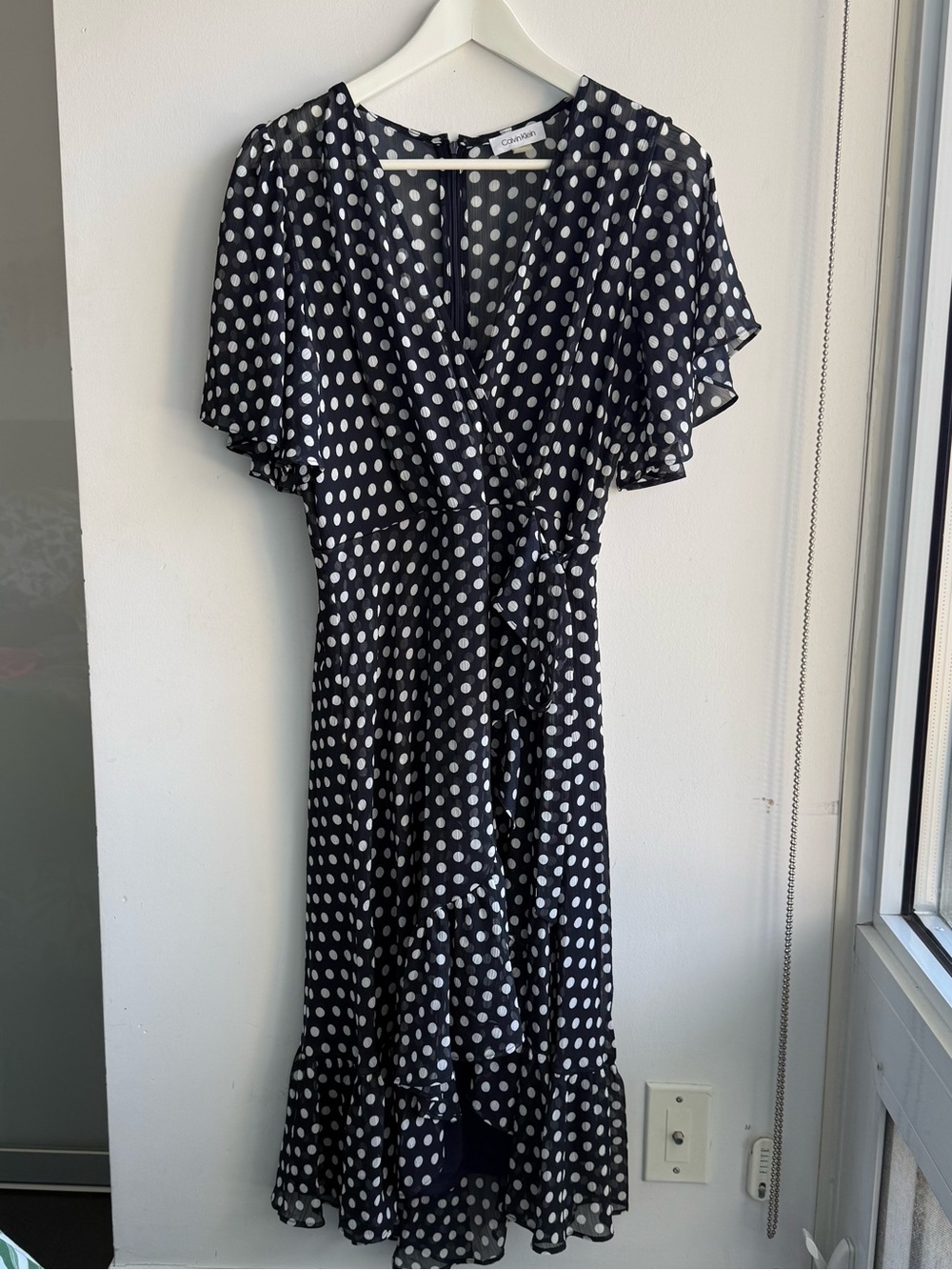 Calvin Klein Navy and White Polka Dot Midi Wrap Dress